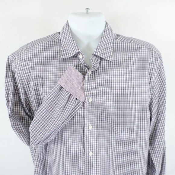 Jos A Bank‎ Reserve Tailored Fit Large White Gray Pink Check Flip Cuff Shirt - Picture 1 of 10